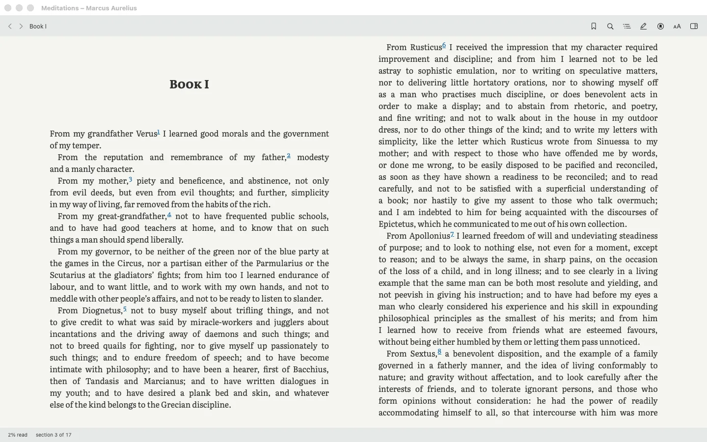 Beresta on the Mac: a book set in two columns, justified, with footnote markers and the reading position in the status bar